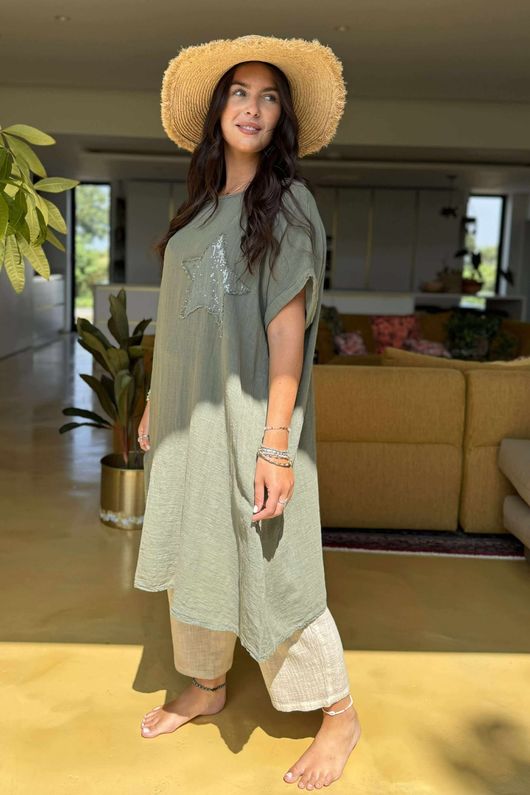 Made in Italy Sahara Star Sack Dress Khaki